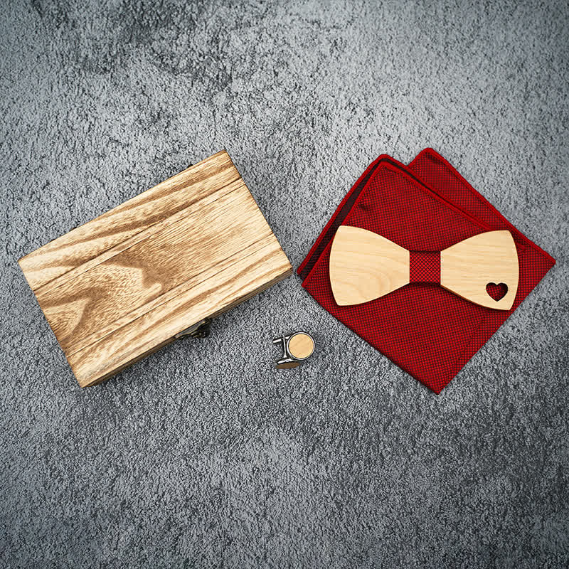 3Pcs Men's Hollow Heart Shape Wooden Bow Tie Set