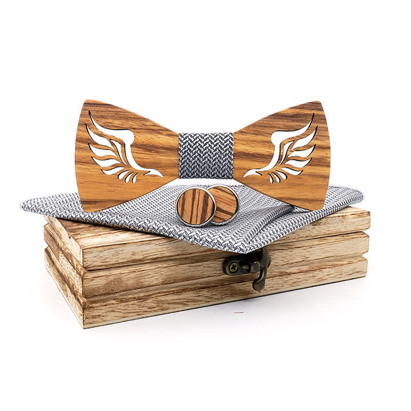 3Pcs Men's Hollow Angle Wings Wooden Bow Tie Set