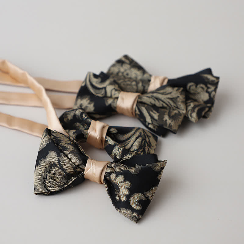 Men's Vintage Antique Gold & Black Floral Pattern Bow Tie