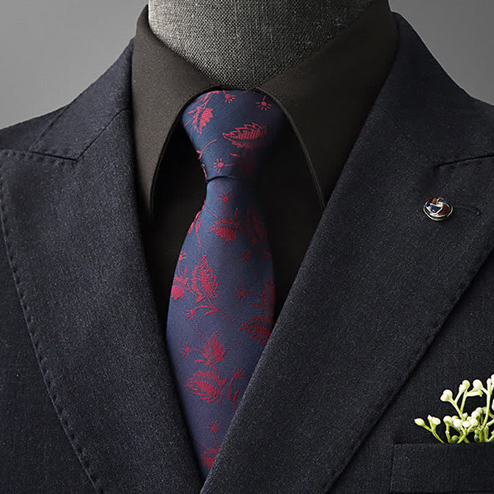 Men's Vintage Art Floral Pattern Necktie - Navy & Red - Self Tie - image 19
