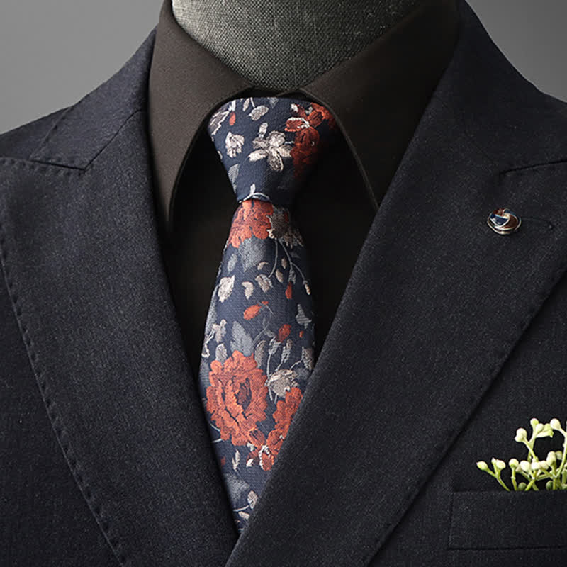 Men's Vintage Art Floral Pattern Necktie - Orange & Navy - Self Tie - image 10