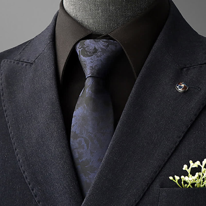 Men's Vintage Art Floral Pattern Necktie - Black & Navy - Self Tie - image 7