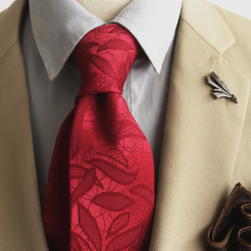 Men's Casual Floral Jacquard Leaves Pattern Necktie - Red - image 11