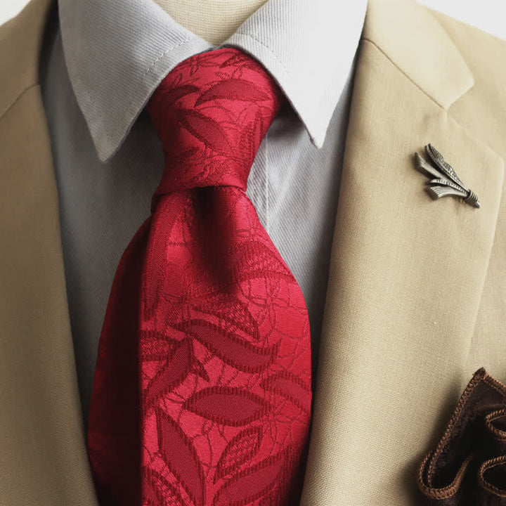 Men's Casual Floral Jacquard Leaves Pattern Necktie - Red - image 11