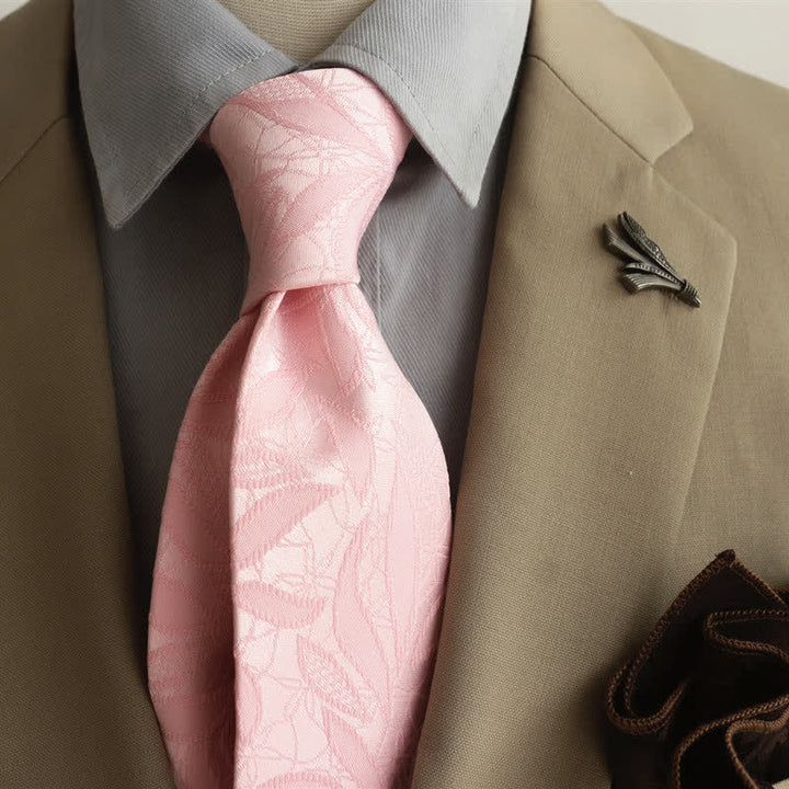 Men's Casual Floral Jacquard Leaves Pattern Necktie - Pink - image 15