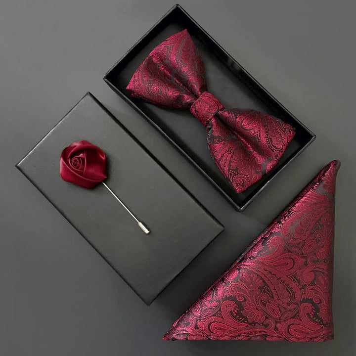 3Pcs Men's Gorgeous Burgundy Handkerchief Bow Tie Set