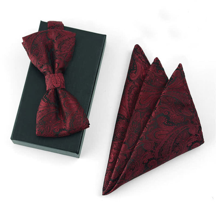 3Pcs Men's Gorgeous Burgundy Handkerchief Bow Tie Set