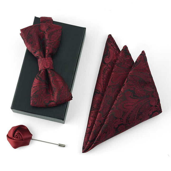 3Pcs Men's Gorgeous Burgundy Handkerchief Bow Tie Set