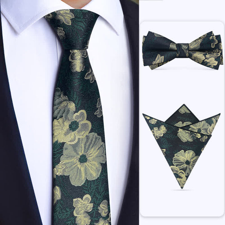 3Pcs Men's Dark Green Flower BowTie Necktie Set