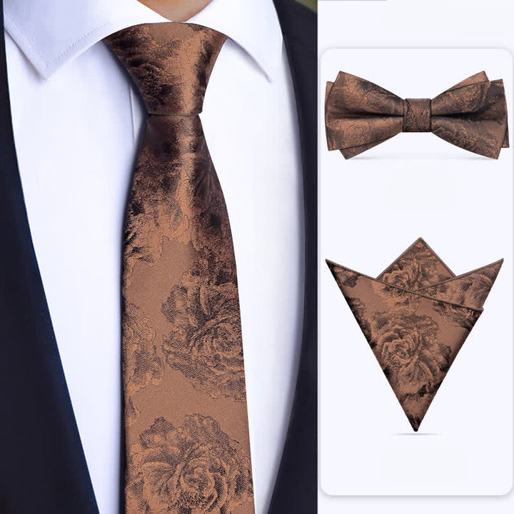 3Pcs Men's Vintage Bronze Flower BowTie Necktie Set