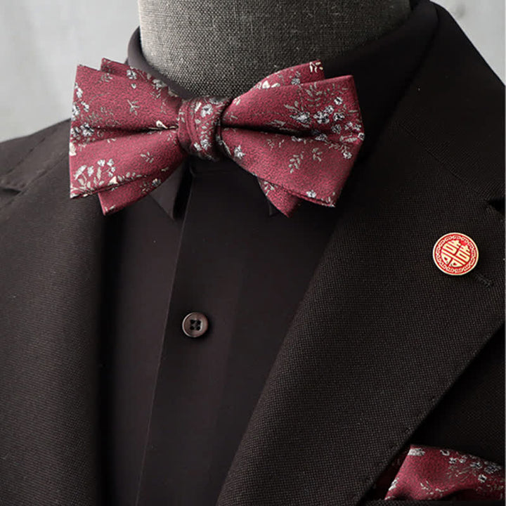 2Pcs Men's Burgundy Floral Bow Tie Handkerchief Set