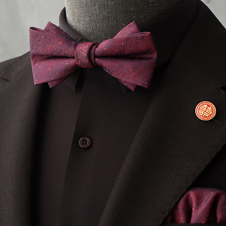 2Pcs Men's Burgundy Floral Bow Tie Handkerchief Set