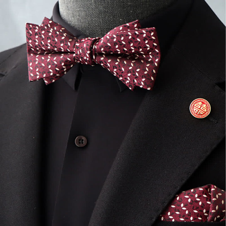 2Pcs Men's Burgundy Floral Bow Tie Handkerchief Set