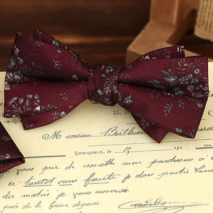 2Pcs Men's Burgundy Floral Bow Tie Handkerchief Set