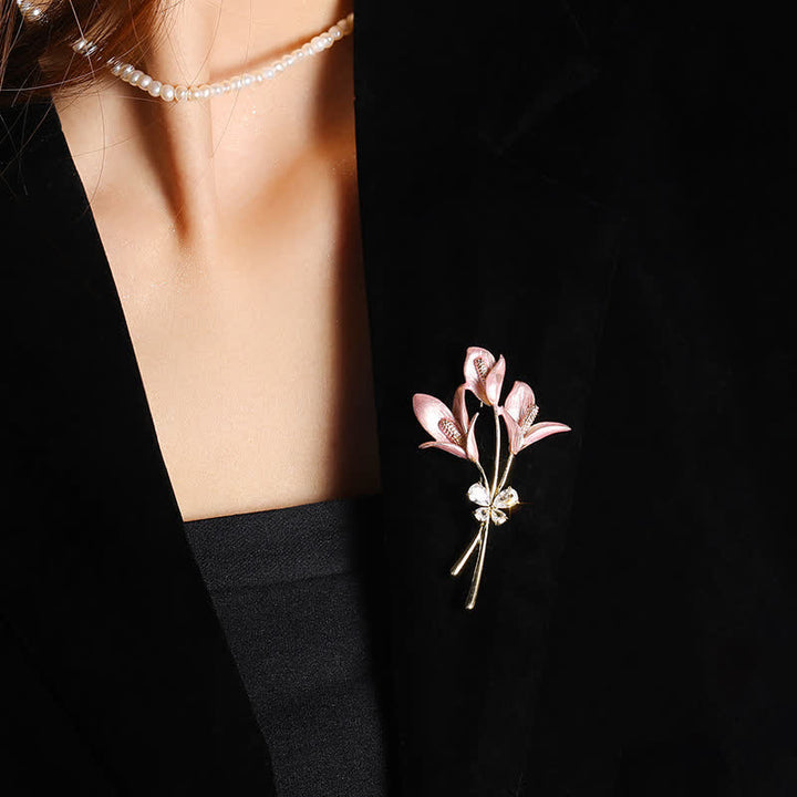 Women's Pink Lily Flower Zircon Enamel Brooch