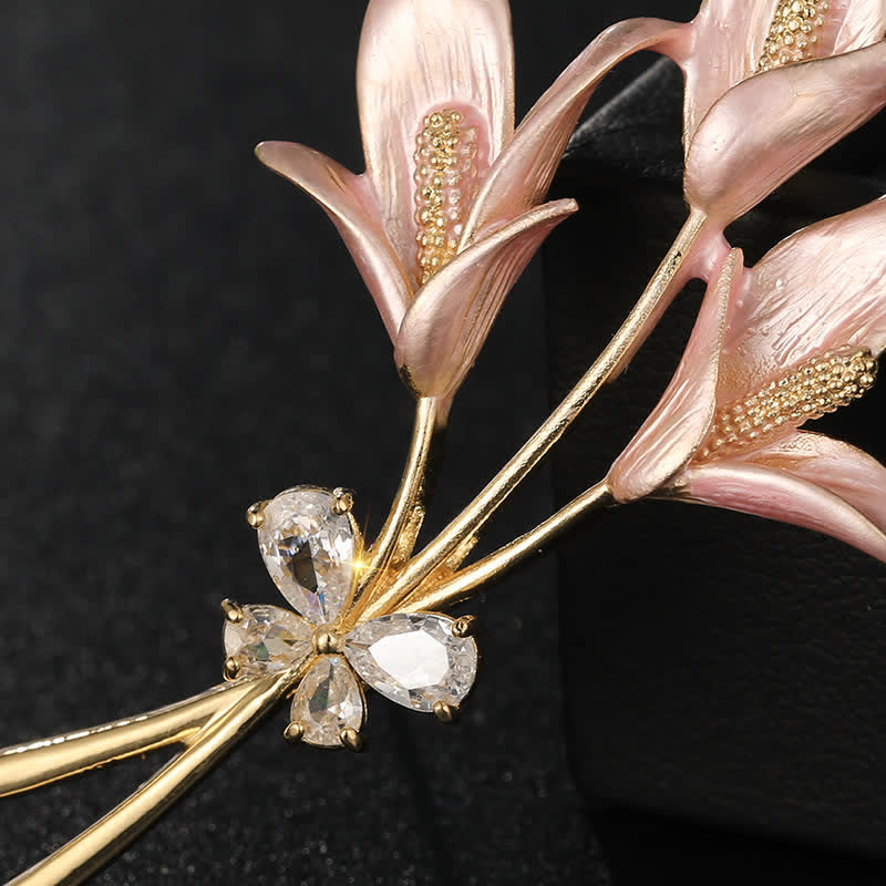 Women's Pink Lily Flower Zircon Enamel Brooch