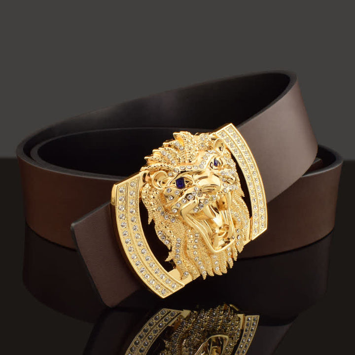 Men's Punk Lion Head Rhinestone Buckle Leather Belt