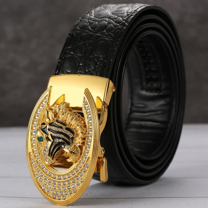 Men's Golden Tiger Buckle Crocodile Pattern Leather Belt