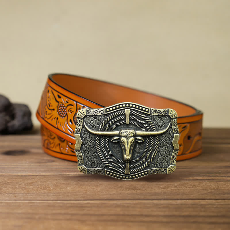 Men's DIY Western Bull Head Buckle Leather Belt