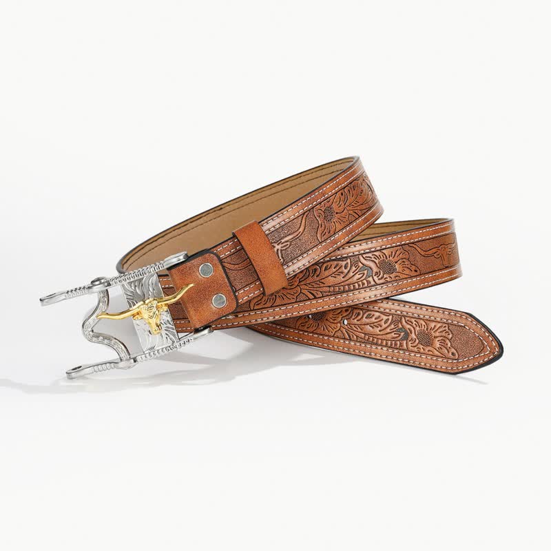 Men's Unique Western Bull Head Buckle Leather Belt