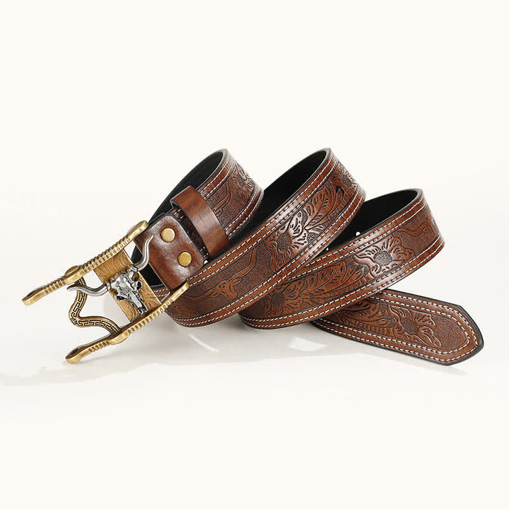 Men's Unique Western Bull Head Buckle Leather Belt