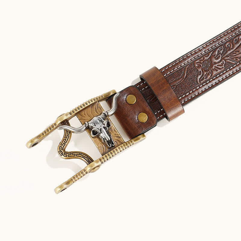 Men's Unique Western Bull Head Buckle Leather Belt