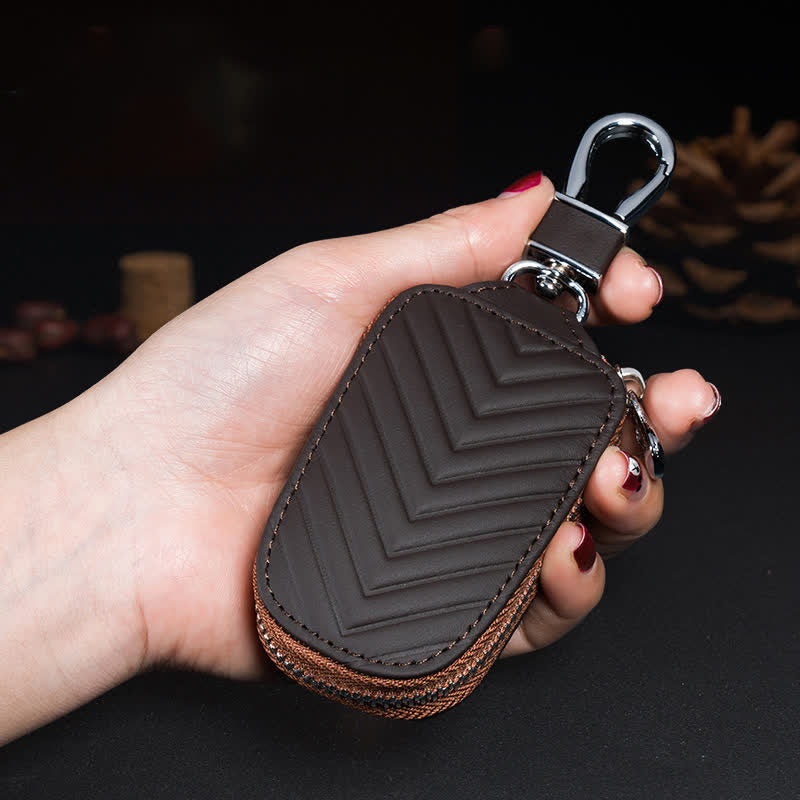 Multi-Functional Zipper V Pattern Leather Car Key Case - Brown - image 1