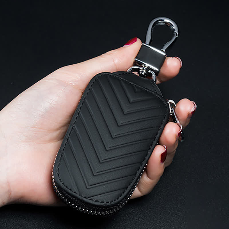 Multi-Functional Zipper V Pattern Leather Car Key Case - Black - image 8