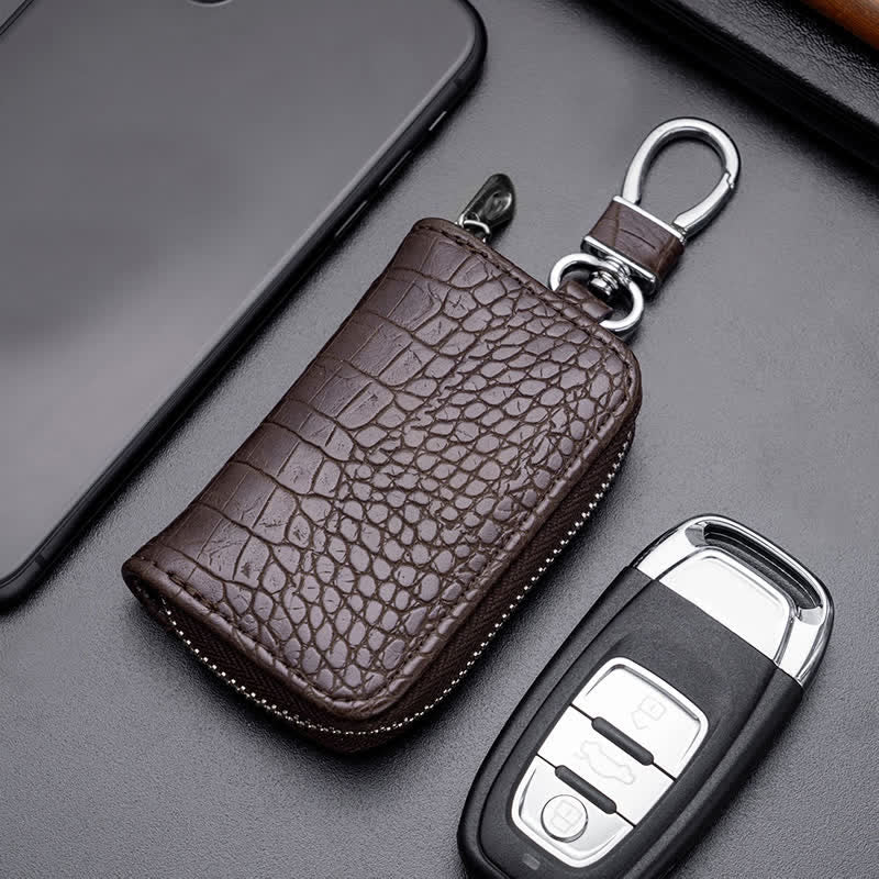 Alligator Pattern Zipper Bag Leather Car Key Case - Coffee - image 1