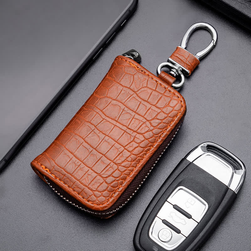 Alligator Pattern Zipper Bag Leather Car Key Case - Brown - image 6