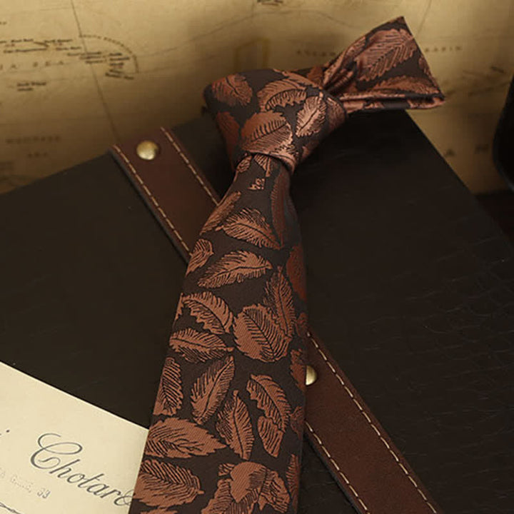 Men's Copper Leaf Print Brown Bow Tie Necktie