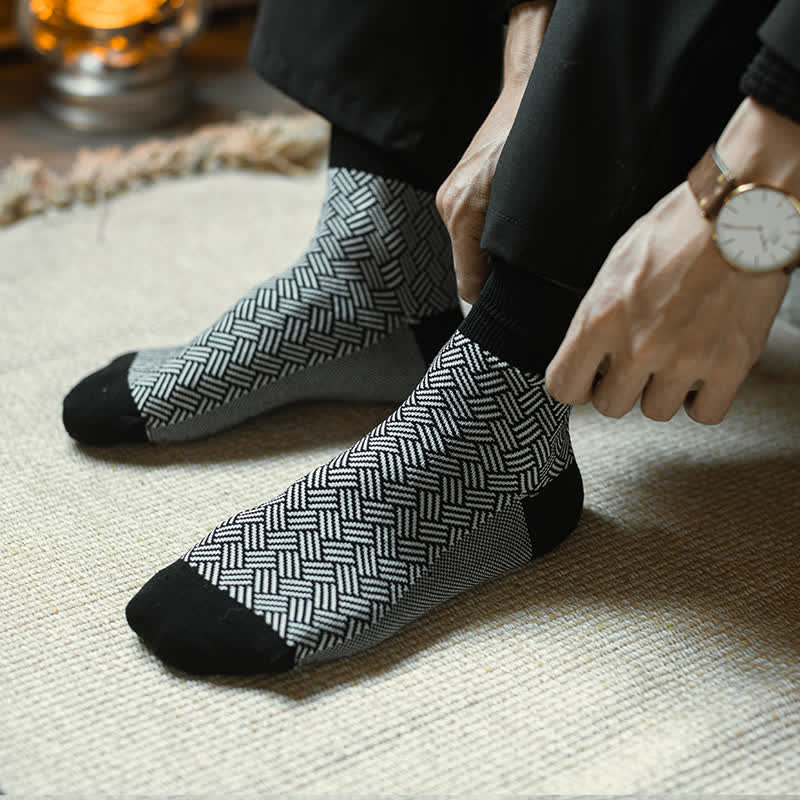 Men's Black Leisure Lattice Striped Crew Socks