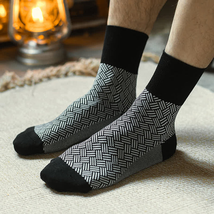 Men's Black Leisure Lattice Striped Crew Socks