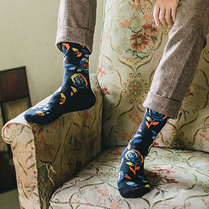 Men's Navy Wild Blue Roses Crew Socks