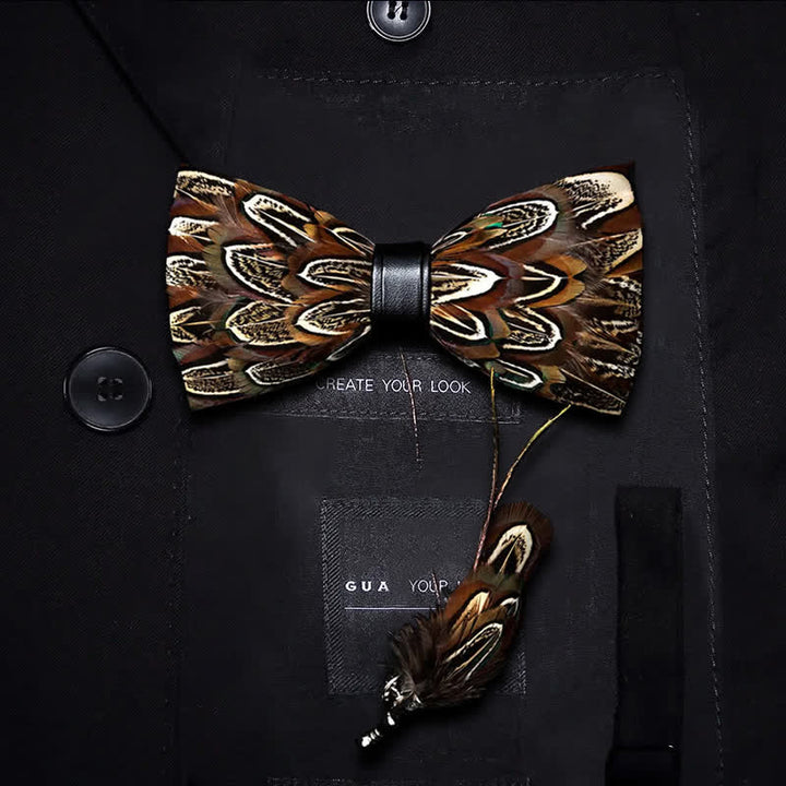 Kid's Brown Pheasant Feather Bow Tie with Lapel Pin