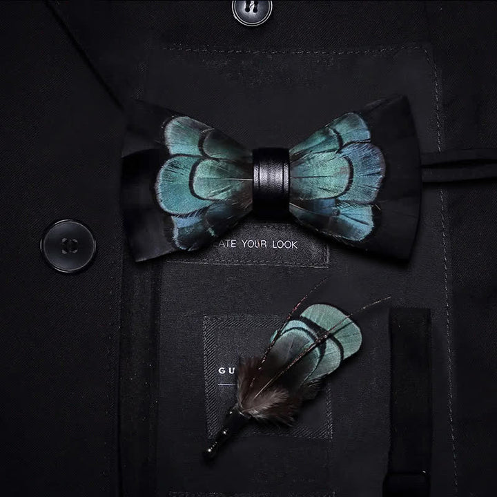 Kid's Black & Green Exquisite Feather Bow Tie with Lapel Pin