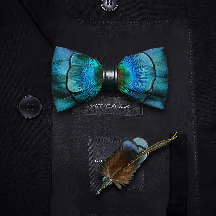 Kid's Lustrous Blue Feather Bow Tie with Lapel Pin