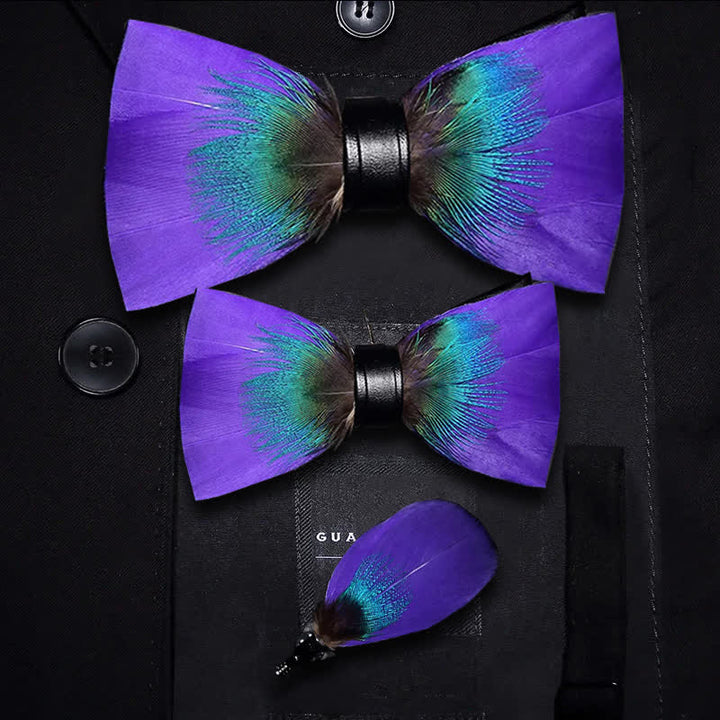 Kid's Royalty Purple & Teal Feather Bow Tie with Lapel Pin