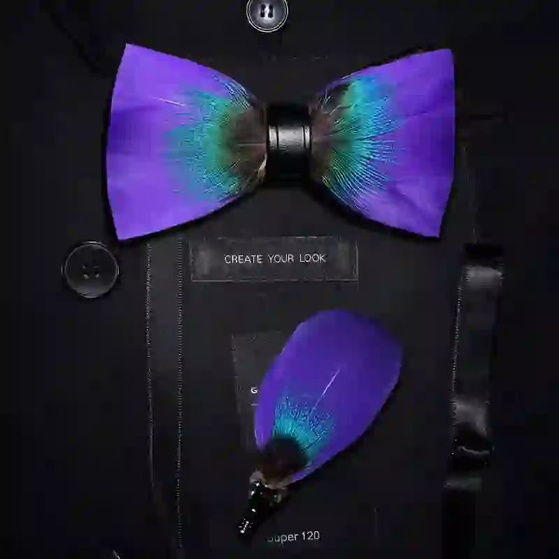 Kid's Royalty Purple & Teal Feather Bow Tie with Lapel Pin