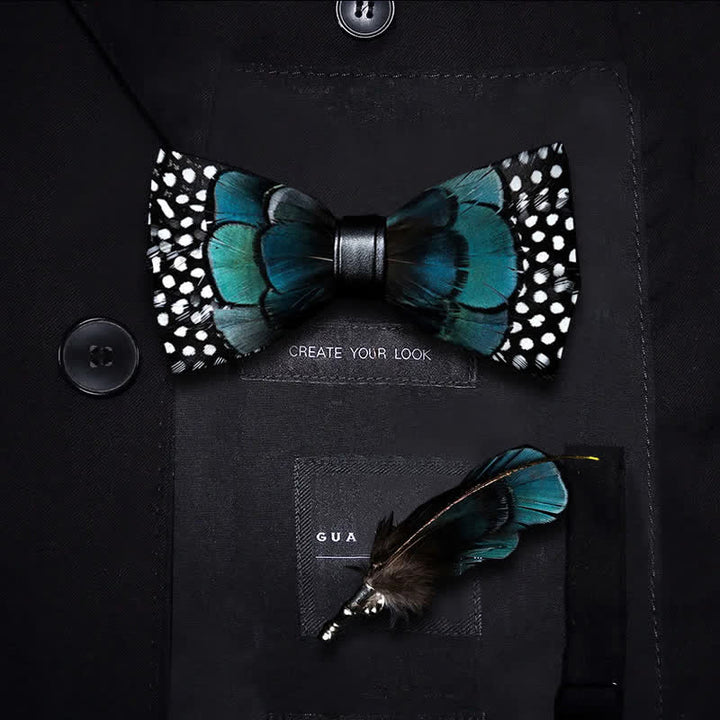 Kid's Turquoise & Black Feather Bow Tie with Lapel Pin