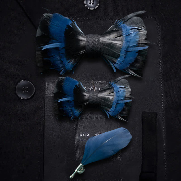 Kid's MidnightBlue & Black Feather Bow Tie with Lapel Pin