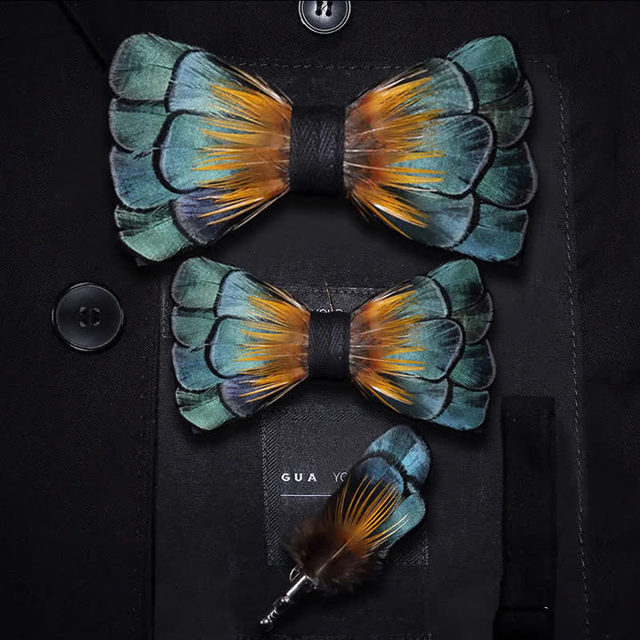 Kid's Green & Orange Sunflower Feather Bow Tie with Lapel Pin - Parent-Child Set - image 5