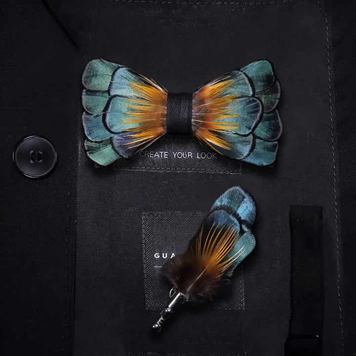 Kid's Green & Orange Sunflower Feather Bow Tie with Lapel Pin - Kid - image 0