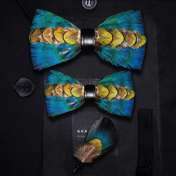 Kid's Blue & Green-yellow Feather Bow Tie with Lapel Pin