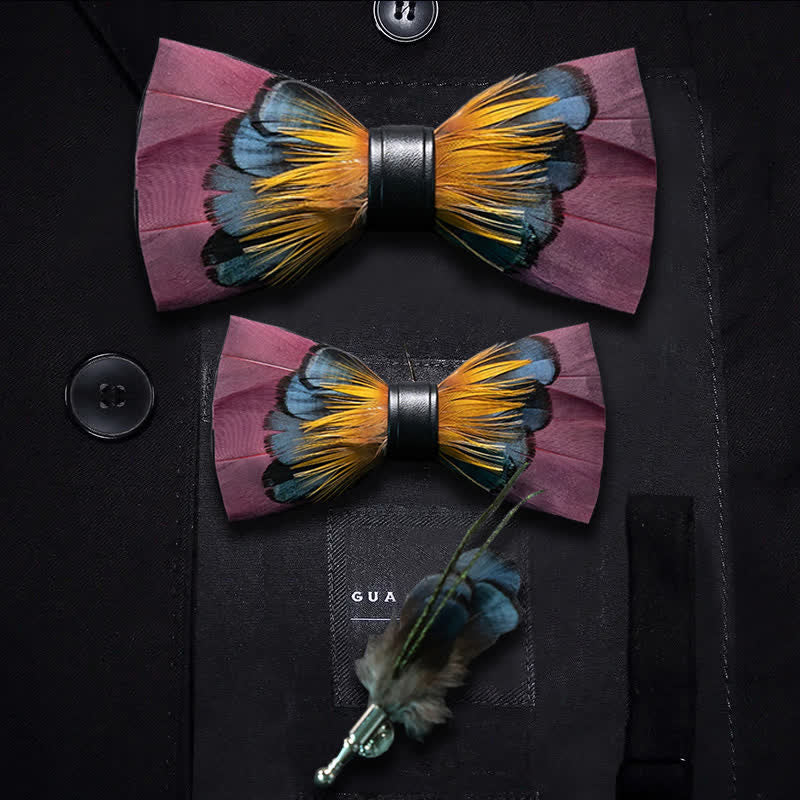 Kid's Pink & Orange Symmetrical Feather Bow Tie with Lapel Pin