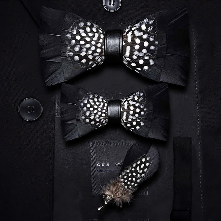 Kid's Black & White Dots Feather Bow Tie with Lapel Pin