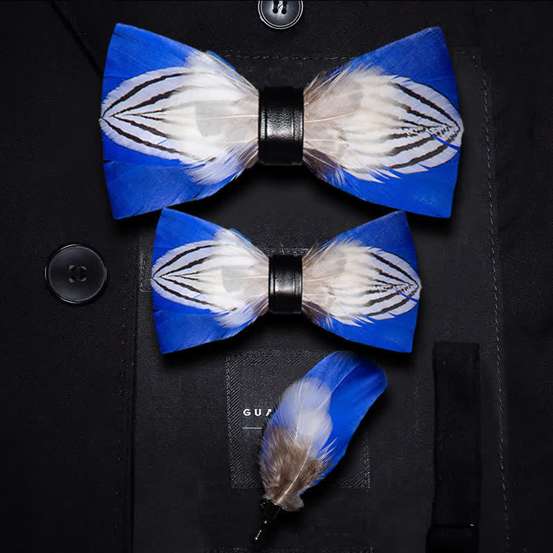 Kid's Blue & White Freedom Feather Bow Tie with Lapel Pin