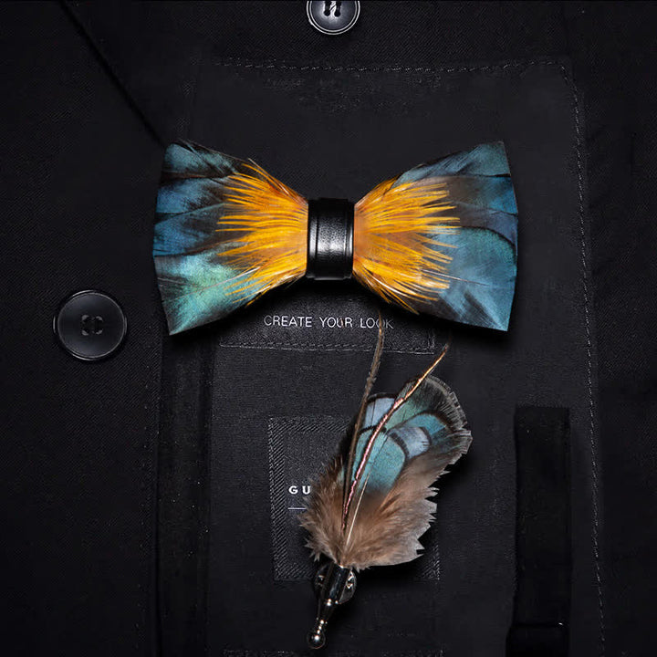 Kid's ForestGreen & Yellow Kingfisher Feather Bow Tie with Lapel Pin