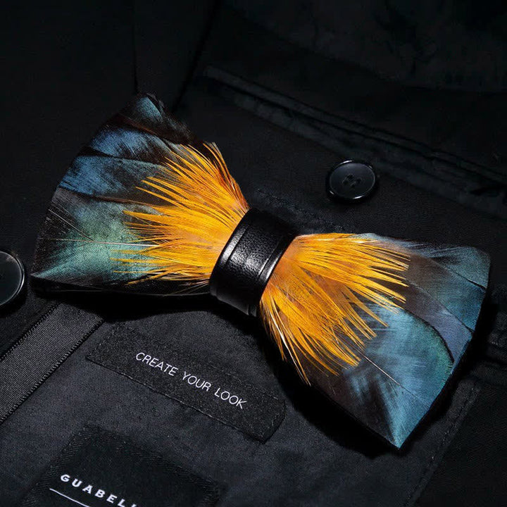 Kid's ForestGreen & Yellow Kingfisher Feather Bow Tie with Lapel Pin