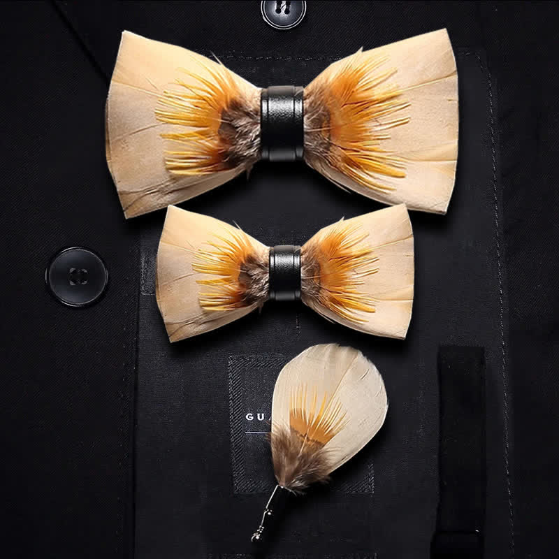 Kid's Light Yellow Quiet Feather Bow Tie with Lapel Pin